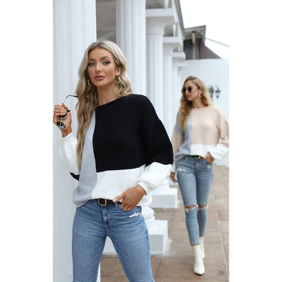 Women Sweater Long Sleeve Color Block Knit Pullover Casual Loose Top - Picture 2 of 9